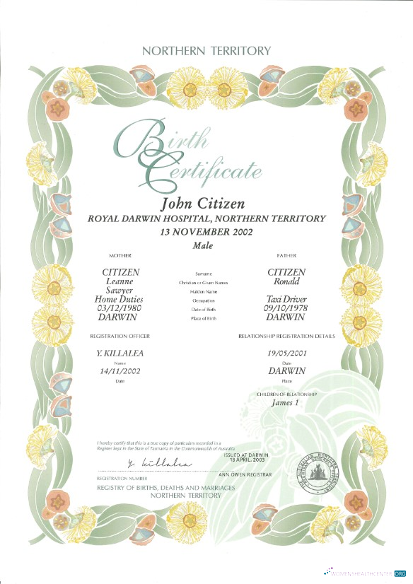 Australia Northern Territory decorative (commemorative) birth certificate template in PSD format